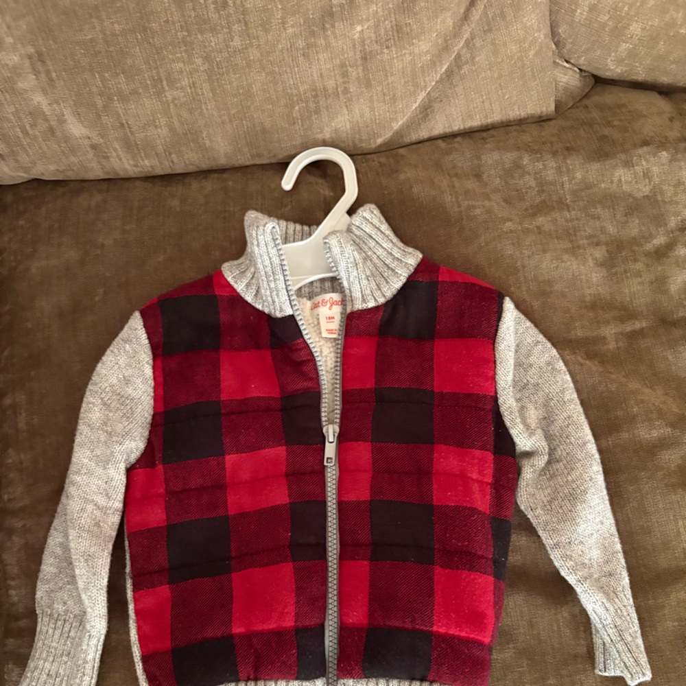 Cat & Jack Red and Black Buffalo Plaid Zip Hoodie with Gray Trim